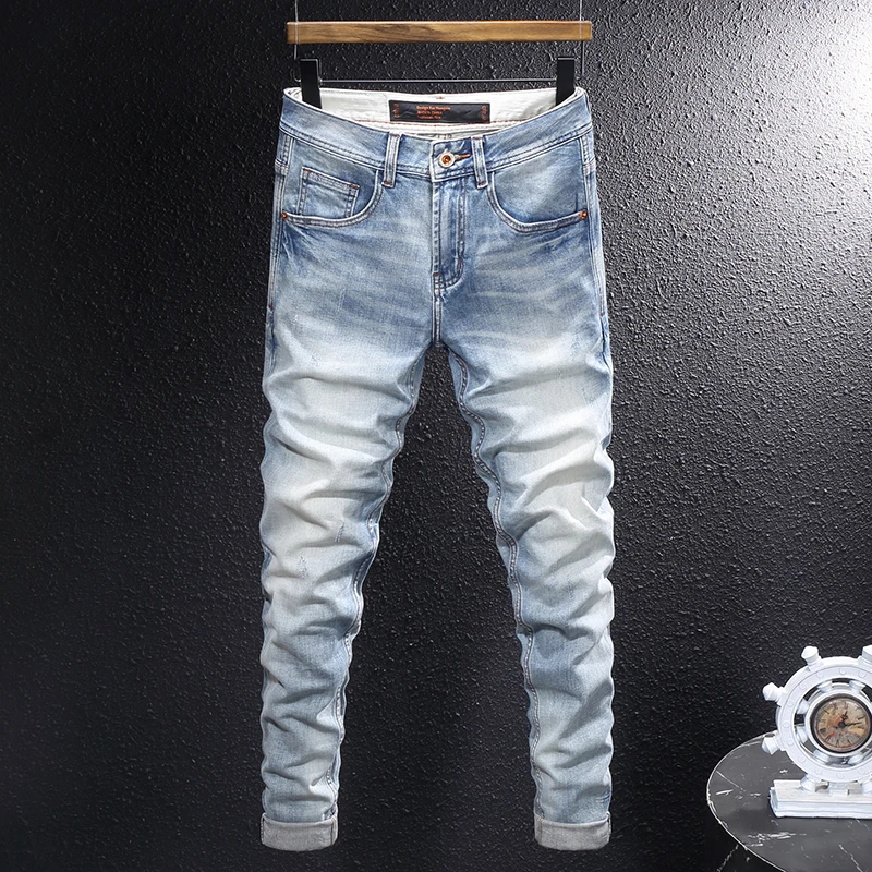 

Дизайнерские модные мужские джинсы Ретро Светло-голубые эластичные облегающие рваные джинсы Мужские брюки Y2K Винтажные повседневные джинсовые брюки Hombre