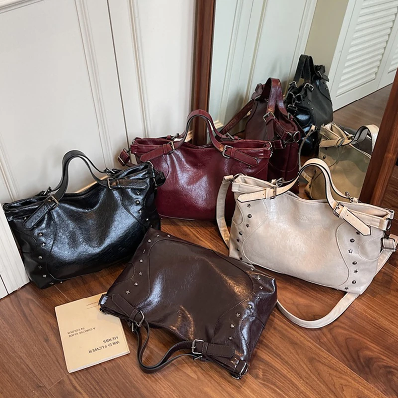 

Женская винтажная сумка-тоут Y2K, осенние сумки через плечо из синтетической кожи с заклепками, американская мода, роскошный дизайн, сумки большой вместимости
