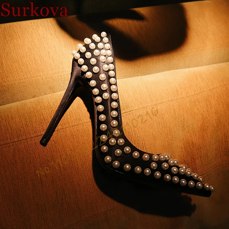 

Satin Pearl High Heels Pumps Pointed Stiletto Shallow Mouth High Heels Black Sexy Banquet Dress Pumps Women'S Shoes Spring 46
