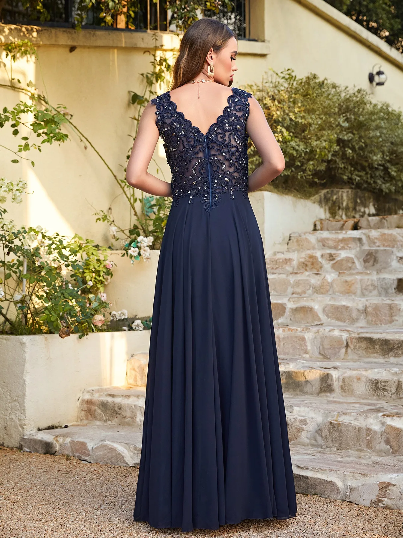 Navy Blue Chiffon Lace Beaded Evening Dresses V Neck Crystal Sleeveless Elegant Formal Party Prom Gowns Vestido De Fiesta Bride