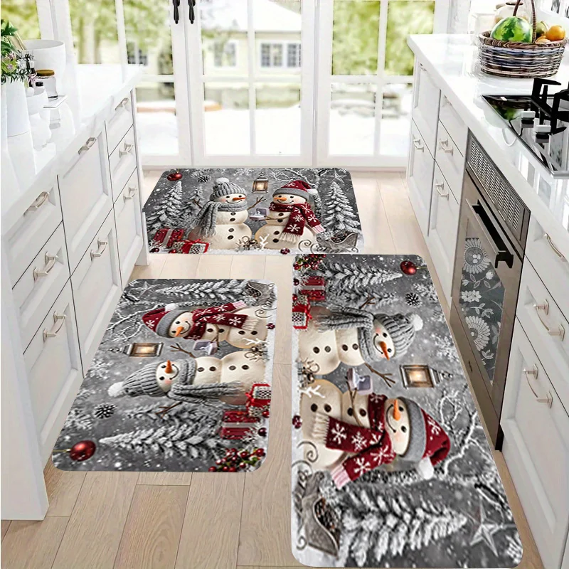 Christmas Kitchen Rugs Set Snowman Santa Xmas Print Non Slip Mat 1/2/3Pcs Options Washable Holiday Home Floor Decor