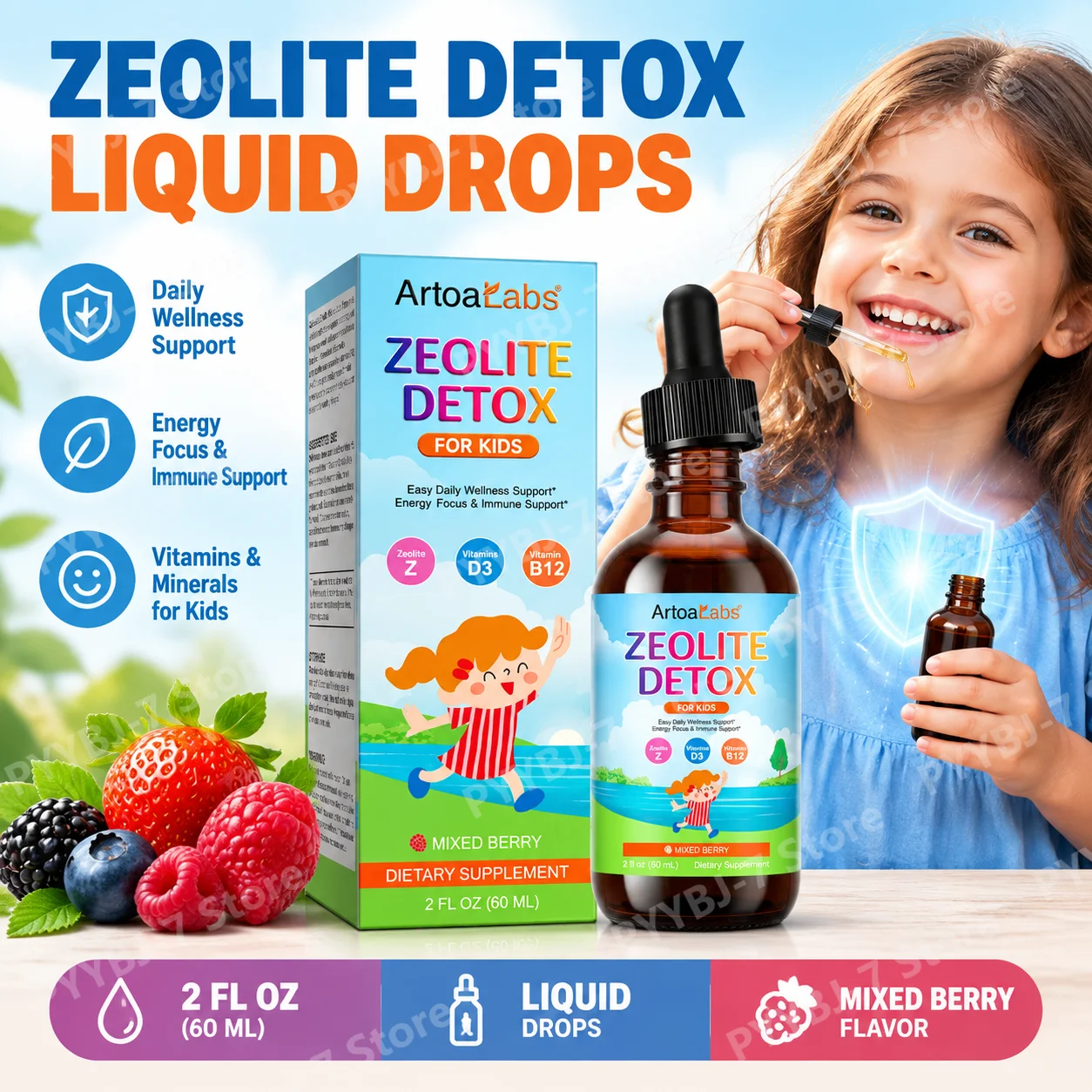 Kids Zeolite Detox Liquid Drops Clinoptilolite Zeolite Supplement with Vitamin D3 B12, for Bone Health Energy Support 2 Fl Oz