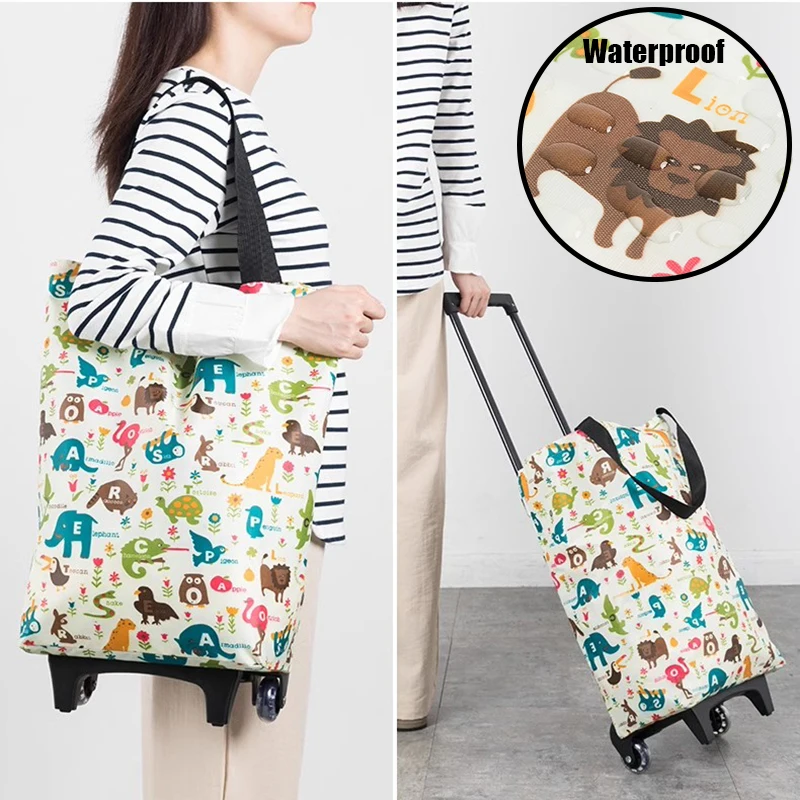 Portable Foldable Large capacity Portable/Pull rod type Shopping bag With wheels cart bag Portable bag