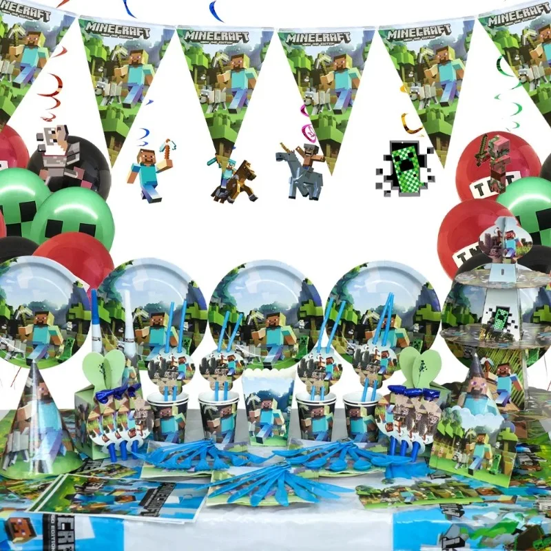 My World Birthday Party Supplies Pixel Battle Paper Cup Plate Banner Flag Spiral Set Decoration