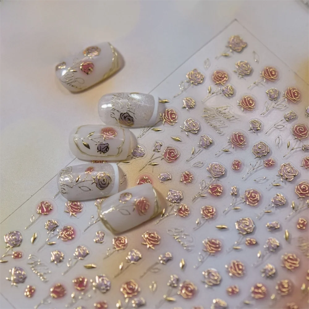 귀여운 5D 네일 아트 스티커 레이스 로즈 플라워 네일 데칼 멀티스타일 매니큐어 데칼 데일리