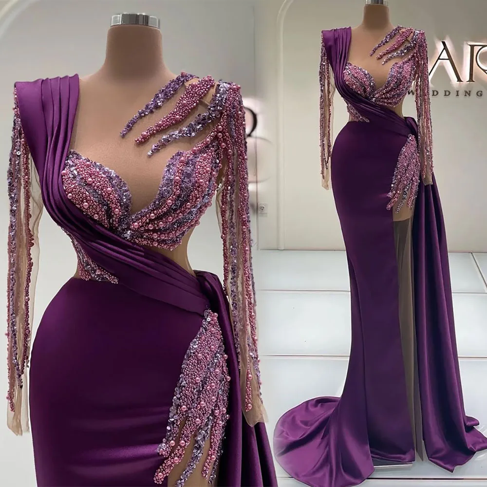 Vestido de festa roxo com zíper, tamanho positivo, manga comprida formal, cristal frisado, lantejoulas de cetim, gola em O, vestidos de noite