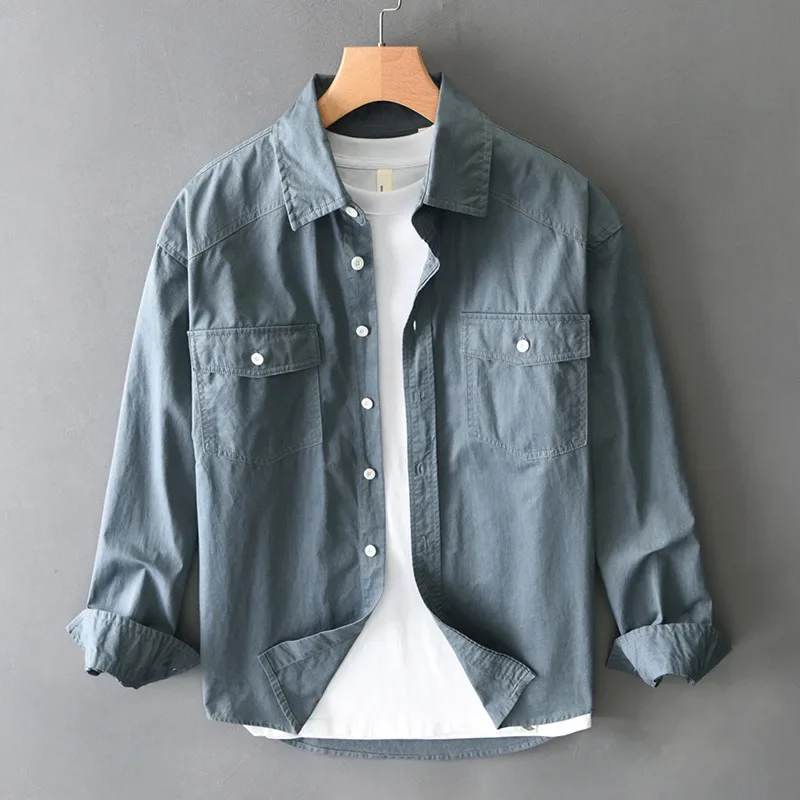 

Японская рубашка-карго в стиле ретро, мужские весенние новые мужские рубашки с длинным рукавом, топы из чистого хлопка, свободные рубашки с двойным карманом, повседневная одежда