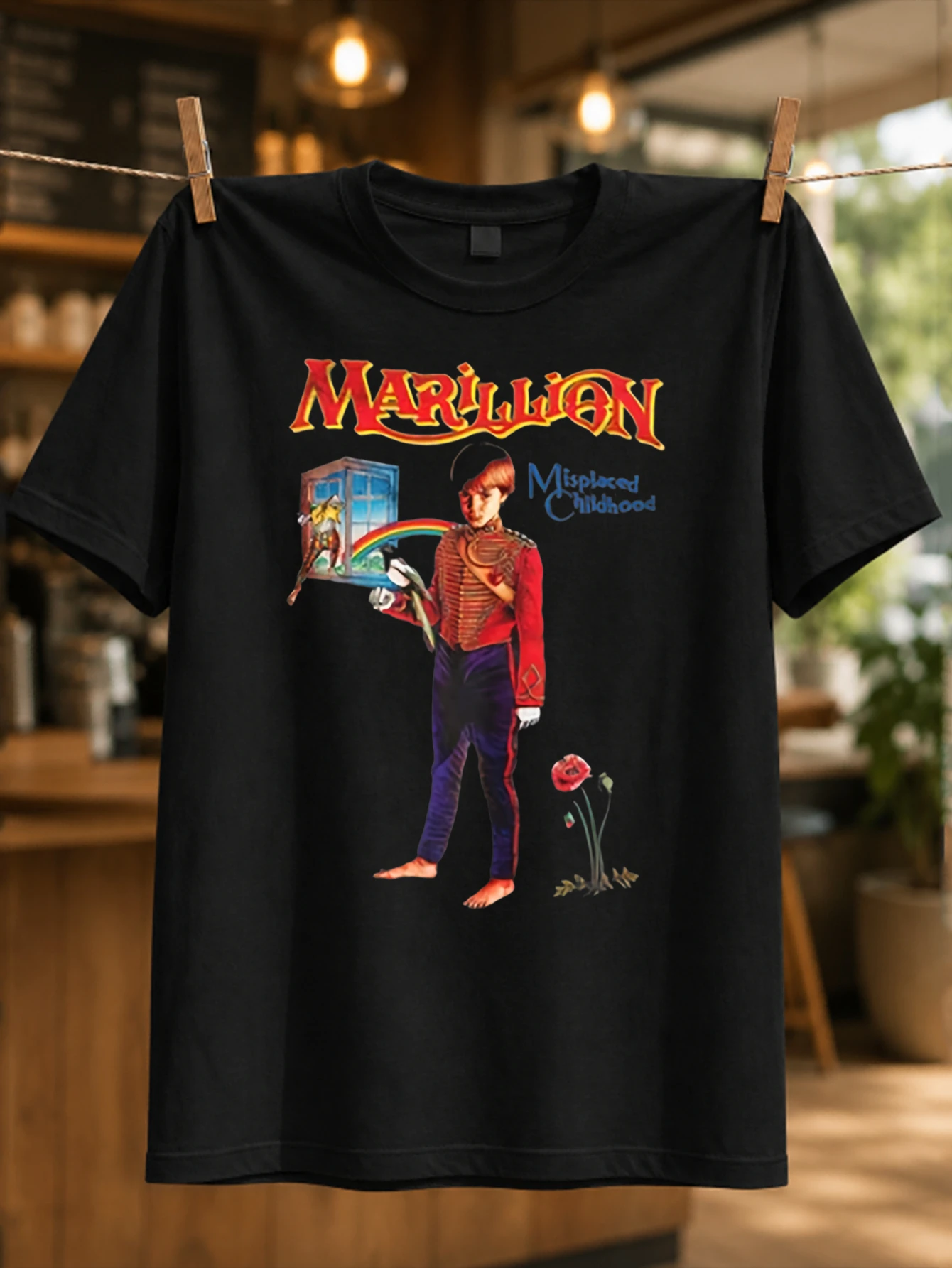 Marillion Misplaced hood uniformed figure with rainbow window and rose details fantasy music art  Unisex All T-Shirt