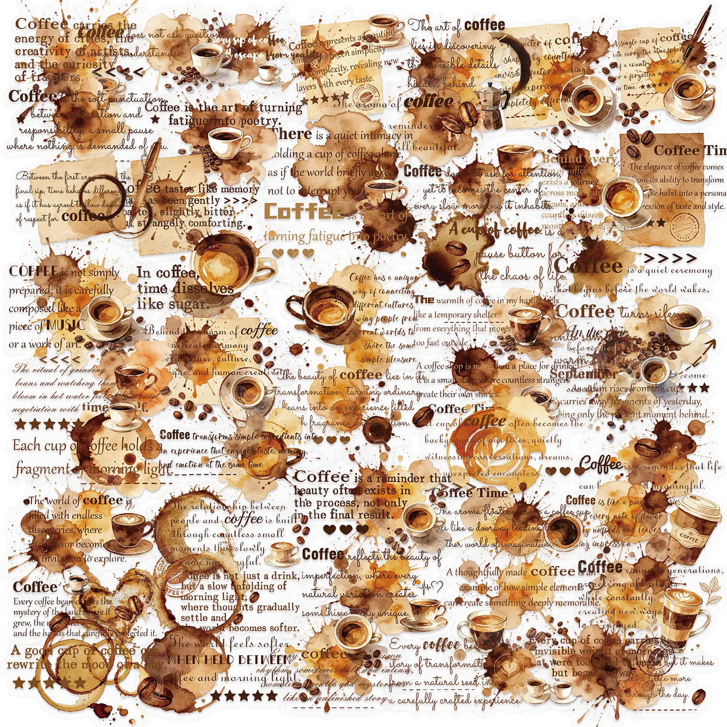 50 PCS Coffee Stain English Label Stickers Waterproof Transparent PET Hand Account Material Decorate Guitar Notebook Decals