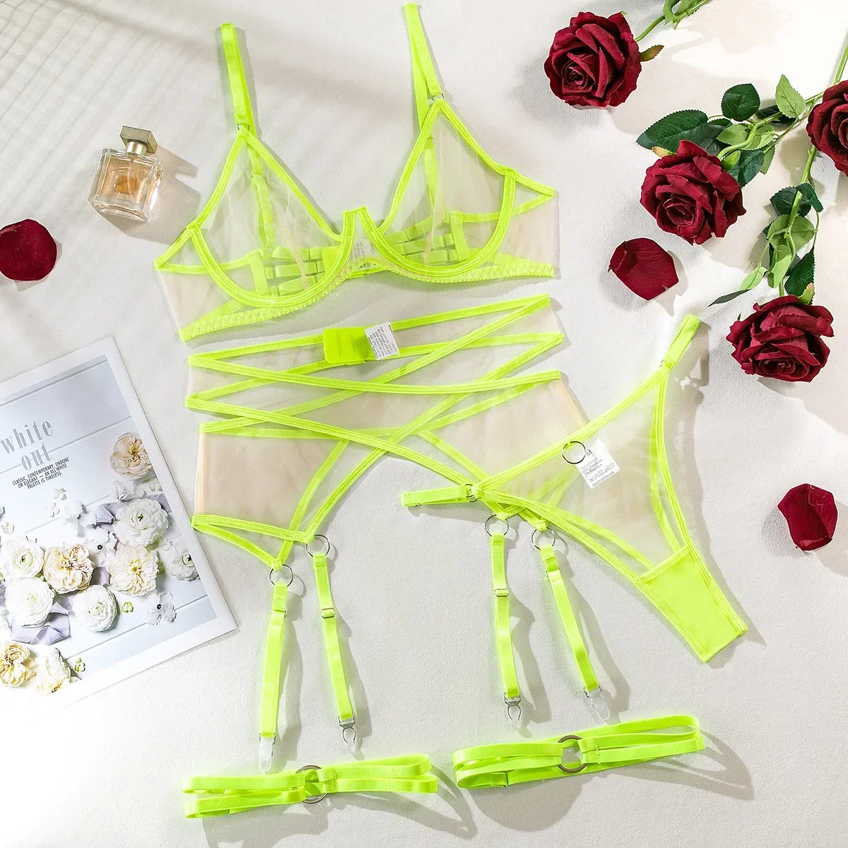 

Sexy Lingerie Set For Women 3 Piece Neon Color Mesh Underwear Set Transprent Hollow Breath Bra T-back Bikini Panty Garter Set