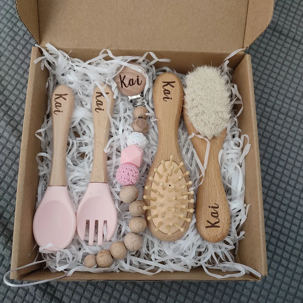 Personalized Silicone Spoon Fork Set for Baby Custom Newborn Baby Hair Brush Personalized Dummy Chain Pacifier Clip