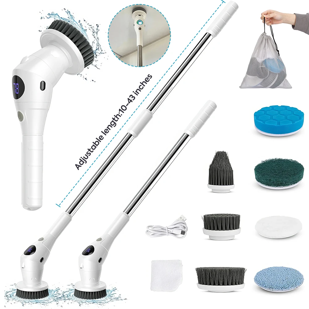 Electric Spin Scrubber with Light,Cordless Shower Scrubber with 7 Replacement Brush Head,3 Adjustable Speed Power Scrubber