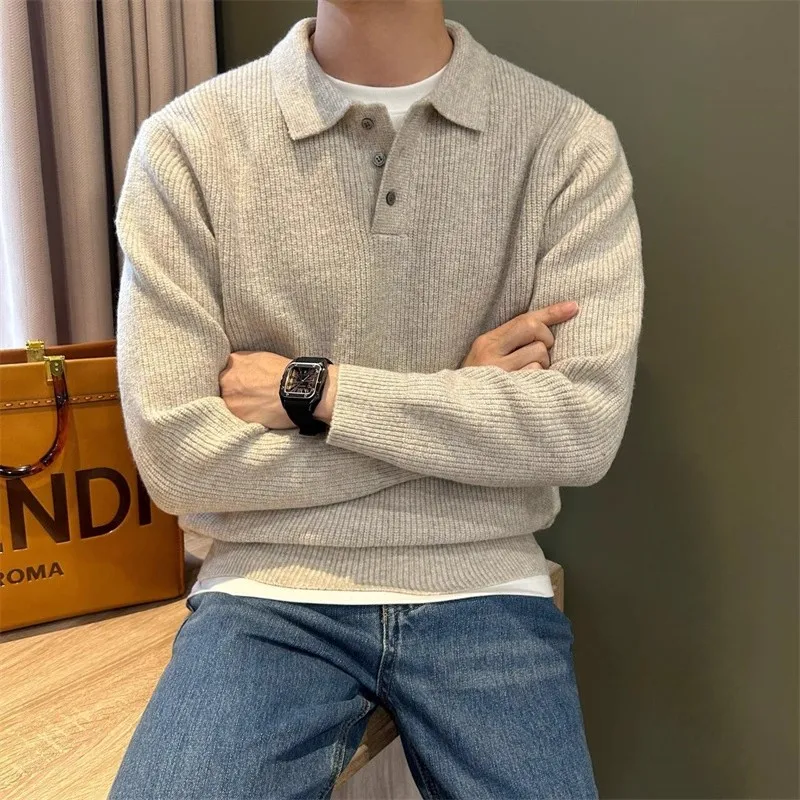 Knit Pullover Men Casual Sweater Autumn Winter Korean Fashion Minimalist Sweater Old Money Soft Heavyweight Knit Polo Sweaters