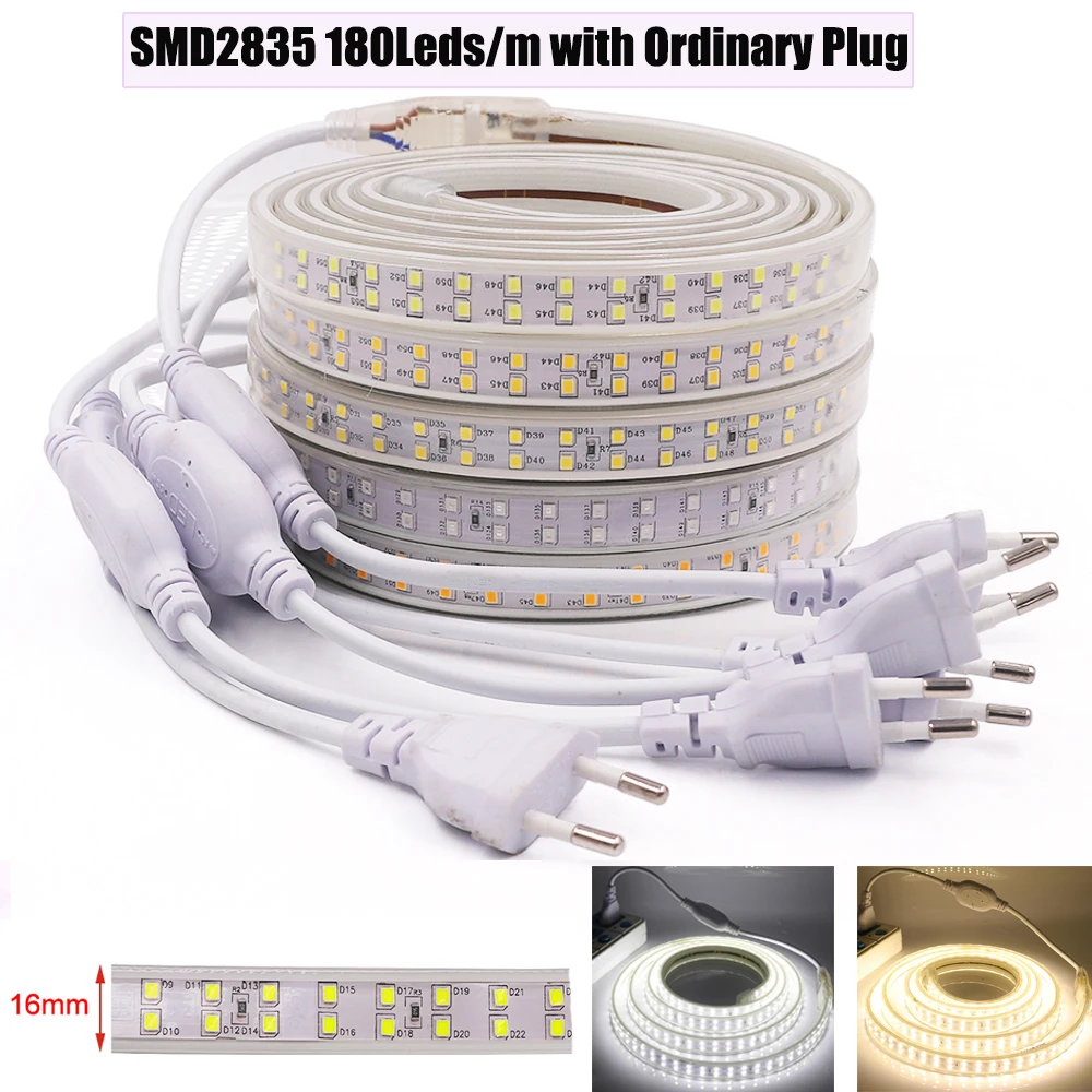 220V LED Strip Light SMD2835 Flexible LED Tape 120 180 276Leds/m Double Row Three Row Waterproof Ribbon Rope EU Plug for Decor