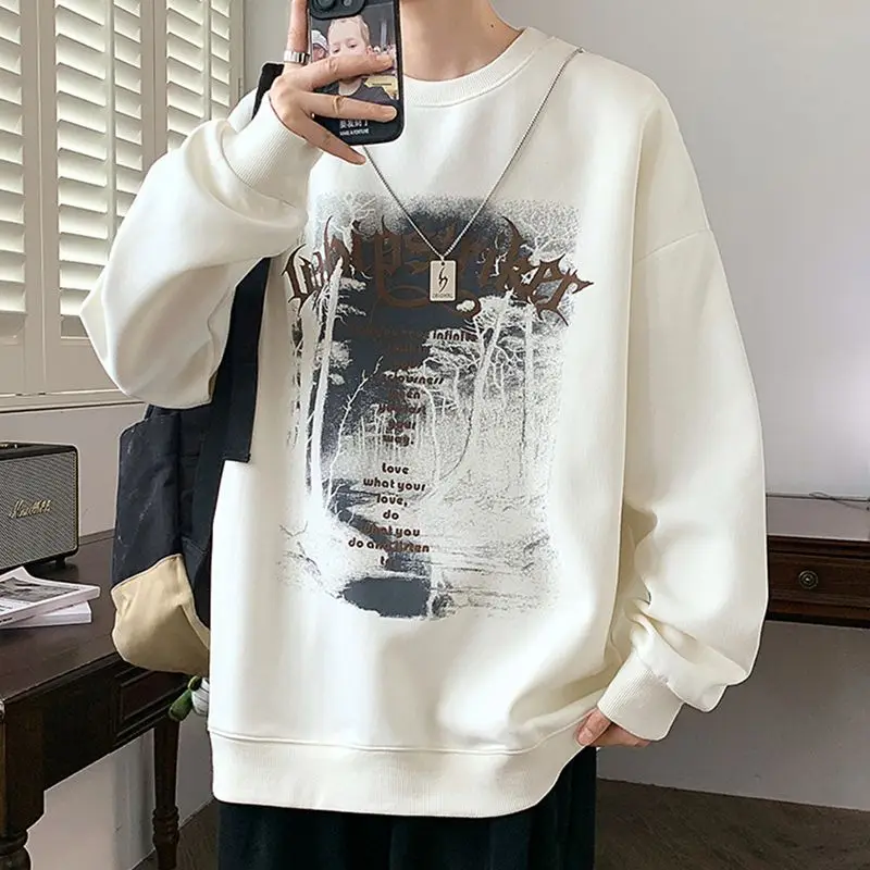 American Retro Loose Hoodies Autumn Winter Fleece Young Style Letter Printed Men's Clothing Round Neck Casual Basic Sweatshirts