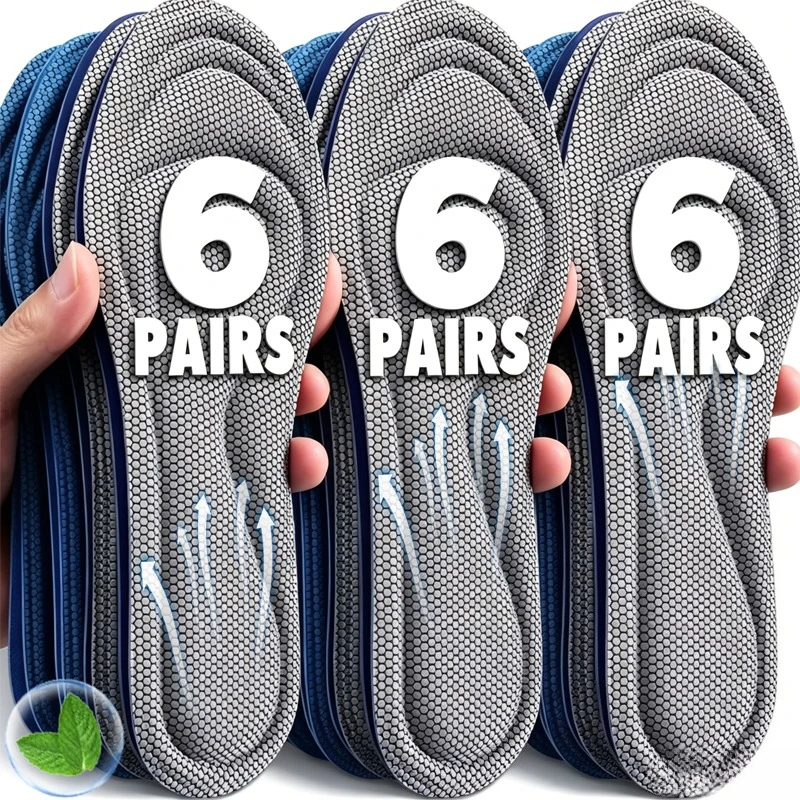 1-6pairs Nano Antibacterial Insoles 4D Trimmable Odor Blocking Moisture Absorbing Shock Absorption Foot Care Breathable Insoles