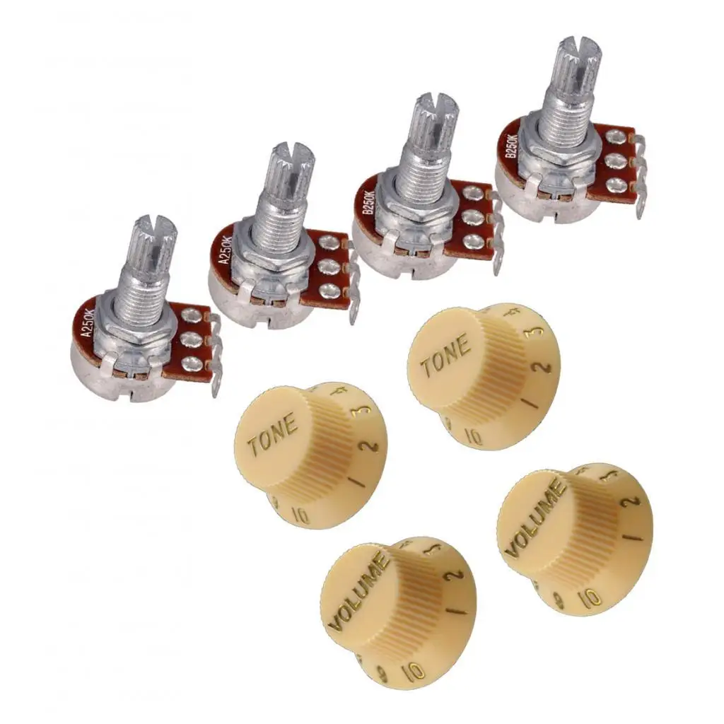 Split Shaft Guitar Potentiometer Kit B250K A250K Volume Tone Cap Coarse Knurled Rotary Knobs for Electronic Toys