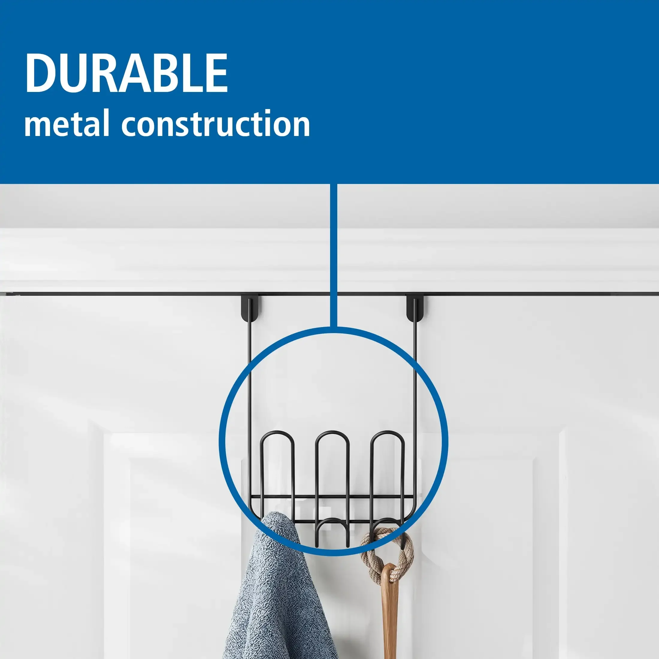 Rack suspenso sem perfuração sobre a porta com 3 ganchos de metal para toalhas e roupões, preto fosco