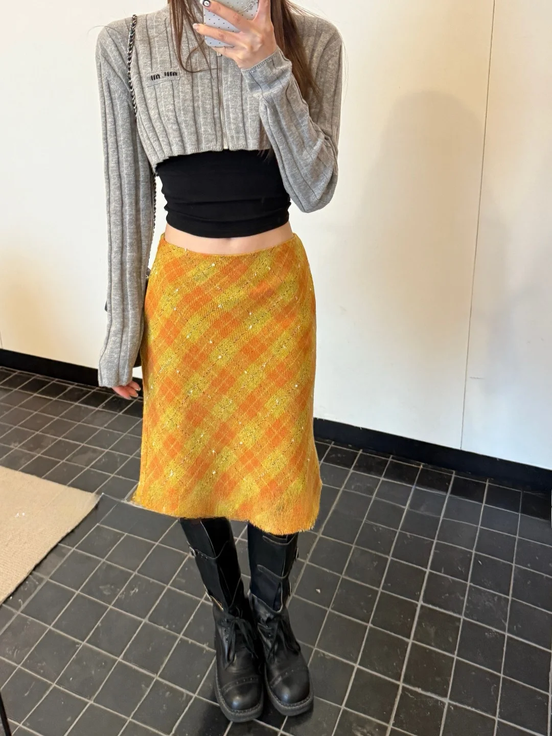 

Highlymu Retro Plaid Color Blo Woolen A-Line Skirt Women Slimming Faionable High Waist Spring Autumn Winter