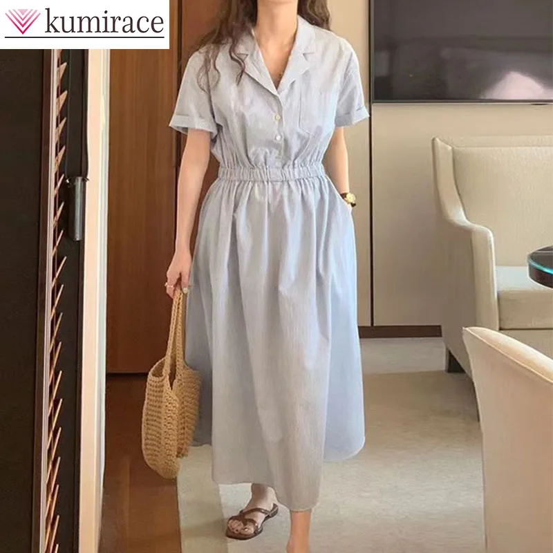 

Korean Chic Spring and Summer French Retro Suit Collar, Pleated Waist, Slimming Short Sleeved Shirt Style Dress, Longdress