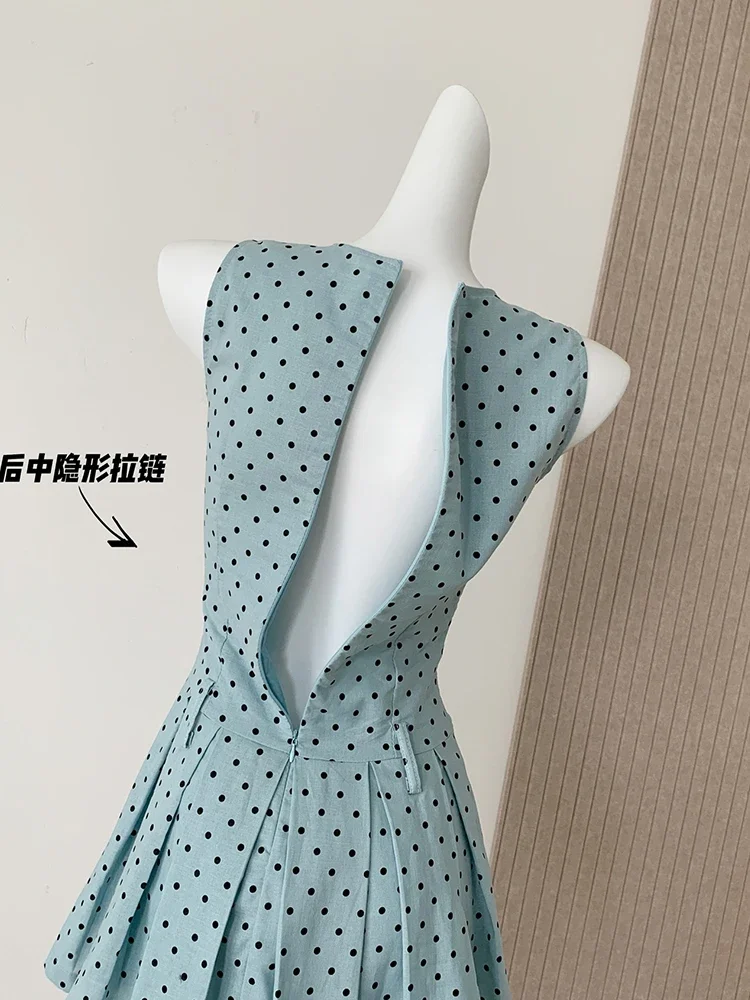 Summer French Vintage Evening Mori Girl Mini Polka Dot Dress Women Coquette 2000s Aesthetic Sleeveless One-Piece Pleated Frocks