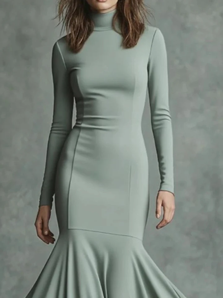

Sexy Commute Big Hem Maxi Dresses Casual Vintage Slim Solid Fishtail Dress Women High Waist Turtleneck Long Sleeve Party Dress