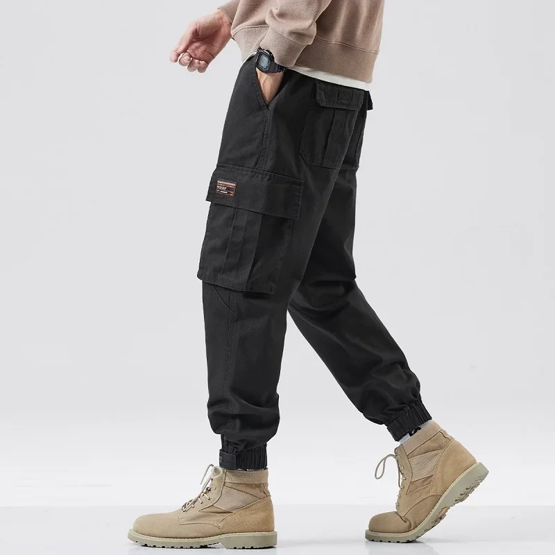 

Black Tactical Cargo Pants Men Streetwear Hip Hop Casual Baggy Cotton Elastic Waist Drawstring Jogging Trousers