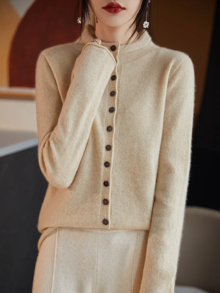 

100% мериносовая шерсть, женский повседневный модный однотонный осенне-зимний модный вязаный свитер с полувысоким воротом, кардиган