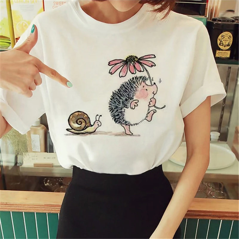 90\'S Girls T-shirt Cute Hedgehog Cartoon Fun Print women T shirt O-neck Short Sleeve t shirt female Summer Harajuku Tshirt Lady