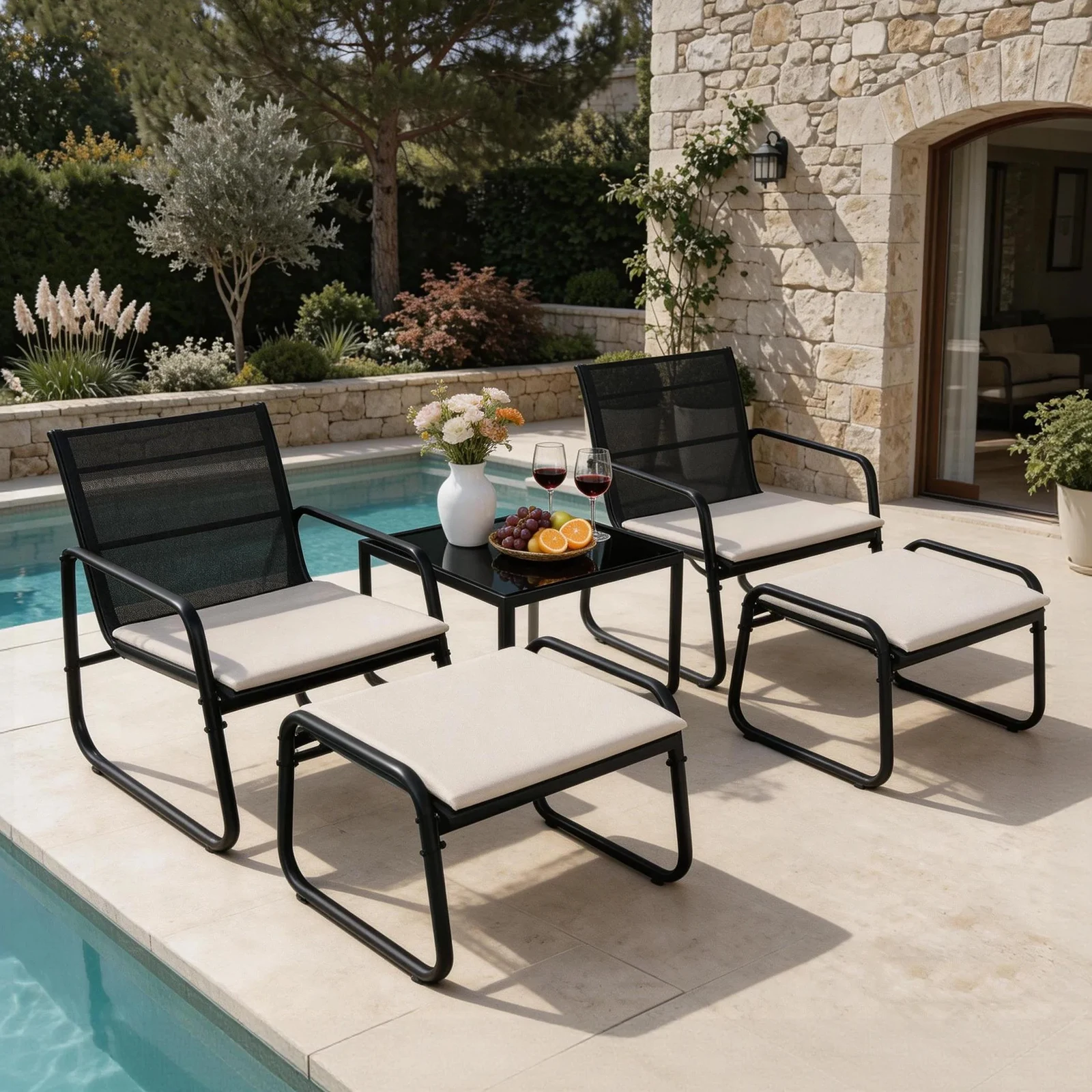 Modern Patio Leisure Furniture Set, Textilene Mesh Armchairs With Ottomans And Coffee Table, Rust‑Resistant Black Metal Construction, Weather‑Adaptable Outdoor Seating Group, 5‑Pieces For Porch, Balcony, Yard, Poolside
