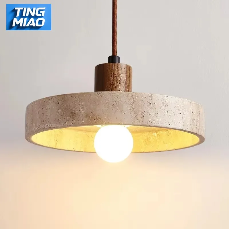 

Nordic Yellow Limestone Chandelier Retro for Dining Table Bedside Flying Saucer Design LED Cream Style Lighting