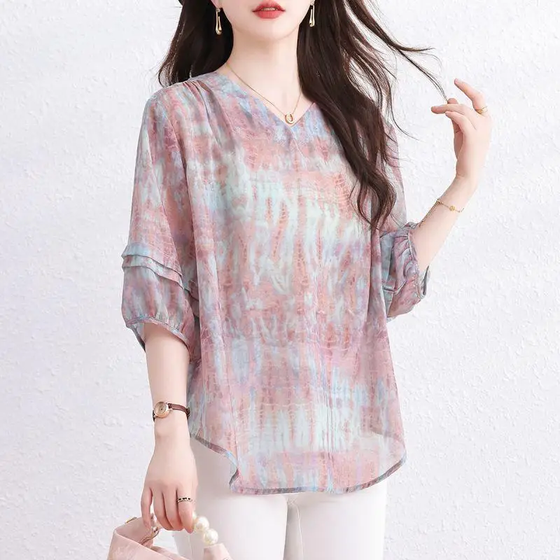 

Stylish Temperament Floral Tie Dye Chiffon Blouse Women's Top Seven Sleeves Versatile for Spring and Autumn New Fashion Style