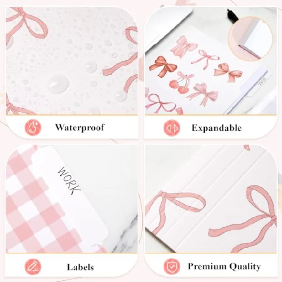 12 carpetas de archivos con lazo rosa Ih, 8,5x11, tamaño de letra, organizadores de archivos decorativos a cuadros con lazo y 1 3 pestaña cortada, bonito y bonito Docu