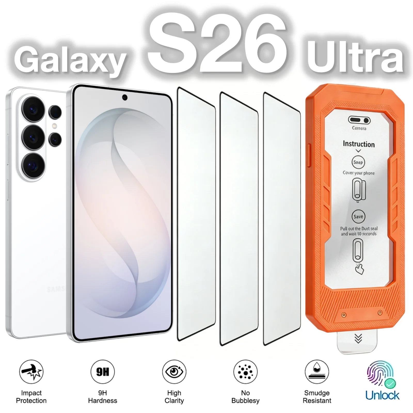 3Pcs Tempered Glass For Samsung Galaxy S26 Ultra S25 Edge S24 Plus Screen Protective Unlock Super Easy 9H Hardness Unlock ﻿