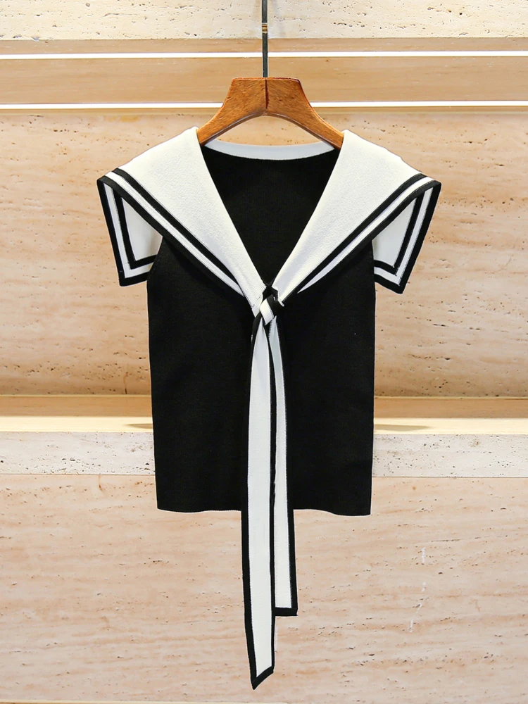 

Вязаный жилет с воротником «морской волны» в полоску, женский летний топ для колледжа, качественный материал, стандартный крой, ort Sve