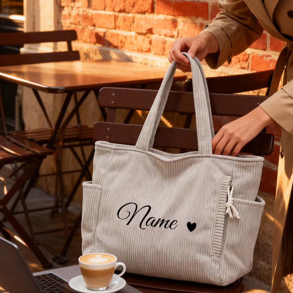 Custom Name Casual Corduroy Handbag with Zipper Closure, Large Capacity Daily Commuter Handbag, Shopping Bag, tote bag view 6
