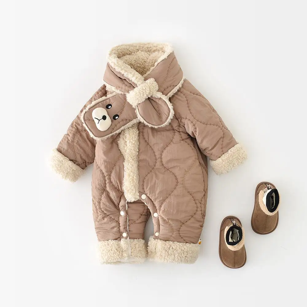 

2025 Winter New Baby Long Sleeve Fleece Romper + Scarf Infant Boy Girl Plus Velvet Thick Jumpsuit Toddler Warm Clothes 0-24M