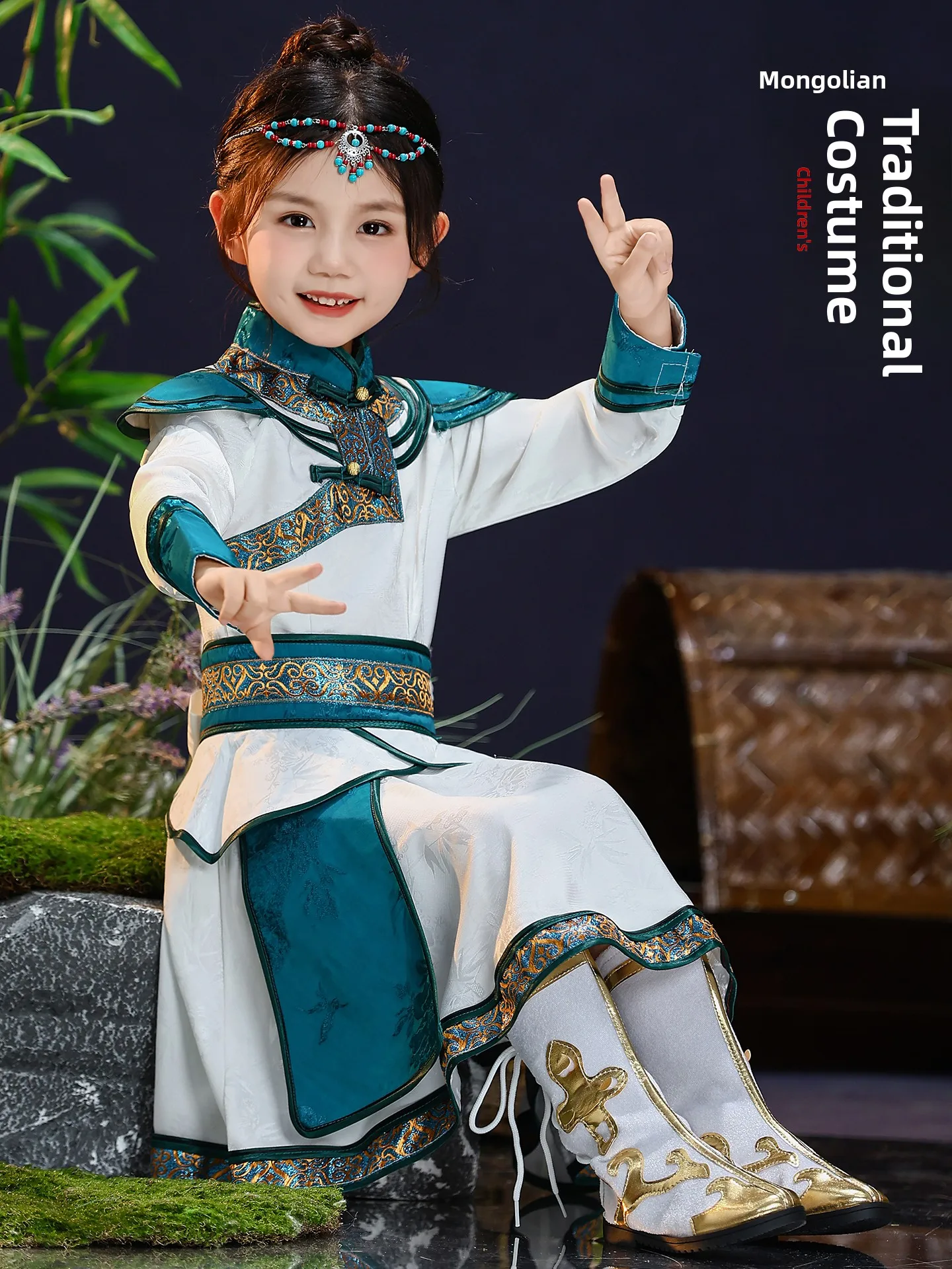 

Children's Mongolian Ethnic Dance Performance Costume Fem Kids Mongolian Traditional White Chopstis Dance Clothes