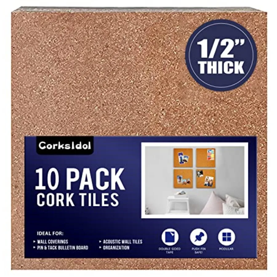 

Cork Tiles 12"x12" - 1/2" Thick -Bulletin Board-Cork Board- Ultra Strong Self Adhesive Backing for Floor/Wall/DIY