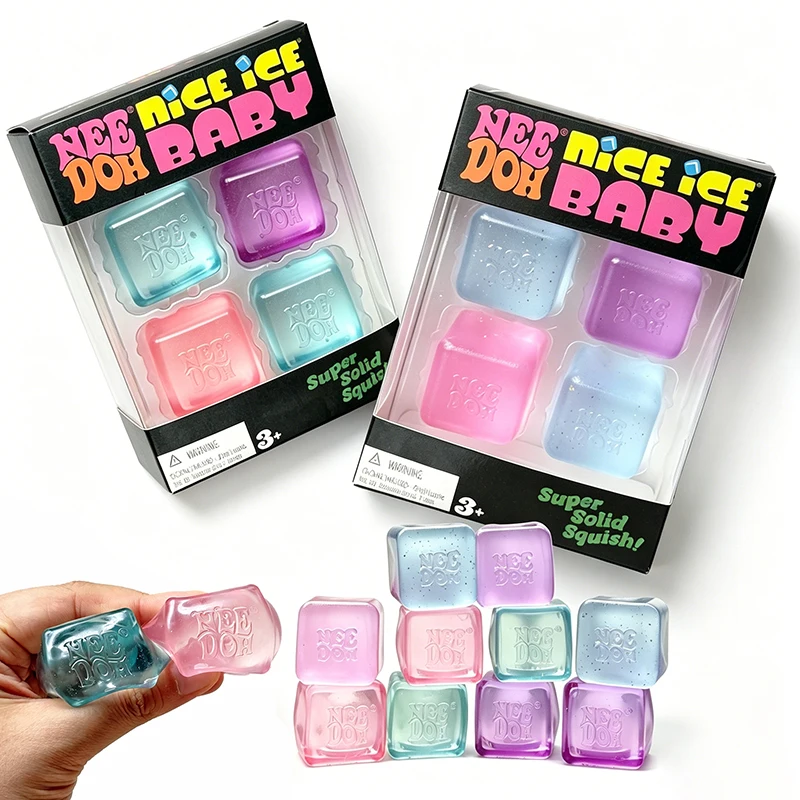 Needoh Nice Ice Baby 4 Pack Cube Maltose TPR Squeeze Sensory Toy Transparent Glitter Anxiety Relief Fidget Fingertip Toy Gift