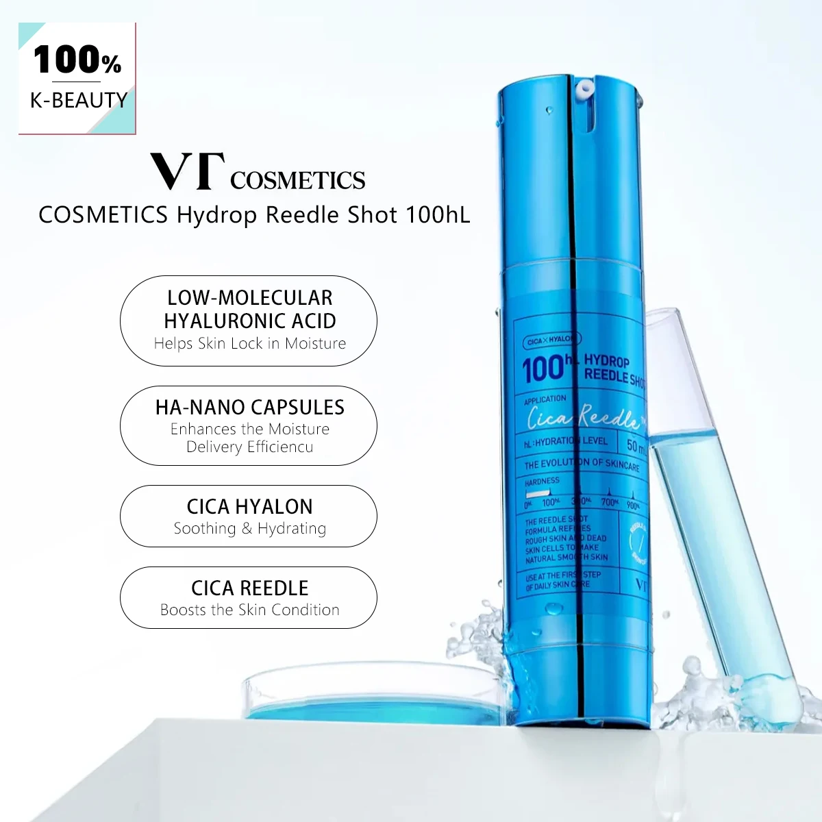 

VT COSMETICS Hydrop Reedle Shot 100 мл, полупрозрачный и увлажняющий, сужает поры, придает сияние, тонизирует и подтягивает кожу, K-Beauty, корейская косметика