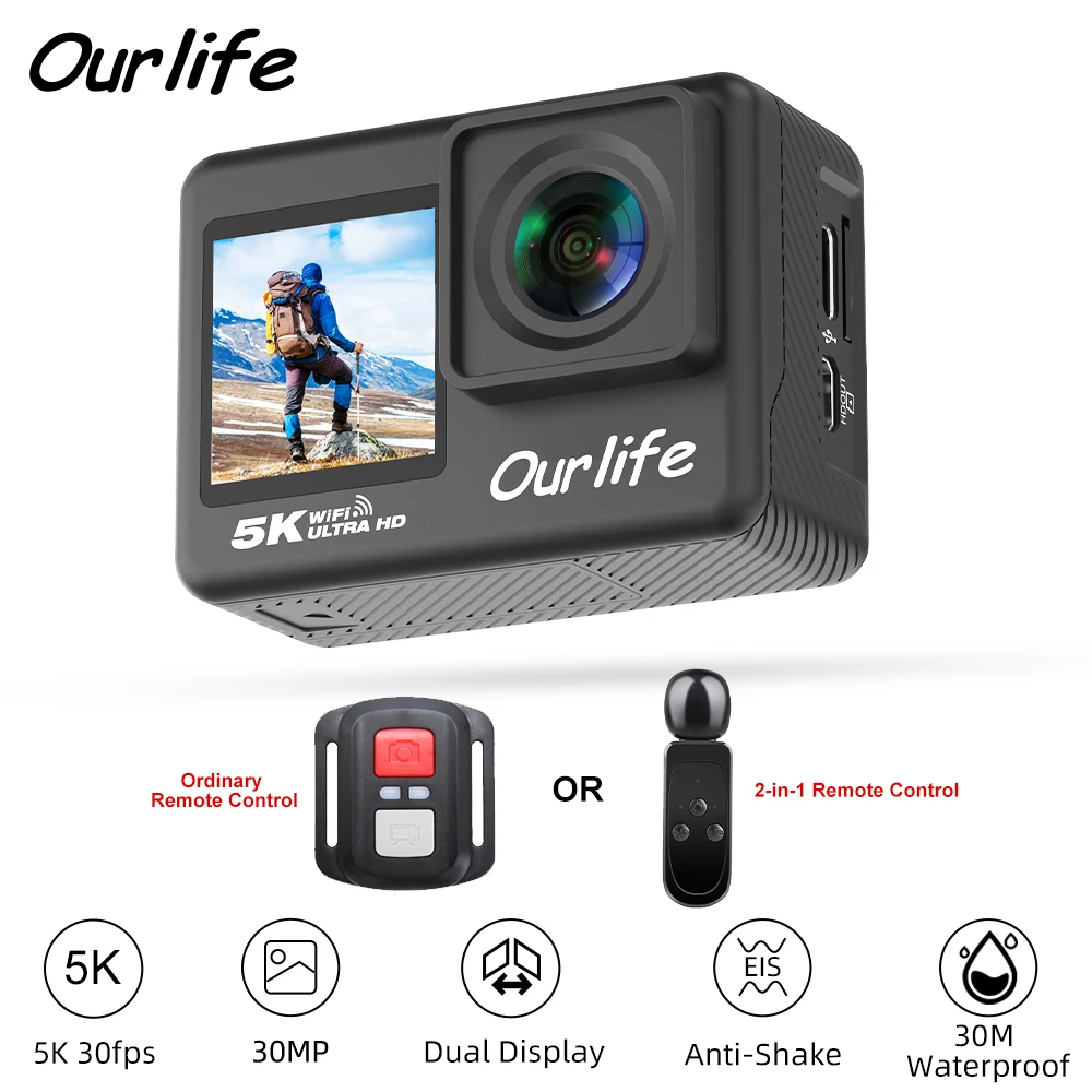 Ourlife 5K30FPS 액션 카메라 2.0인치 터치 LCD 170 ° DVR 30M 방수 원격 제어 5배 줌 헬멧 WiFi 4K60FPS 스포츠 카메라