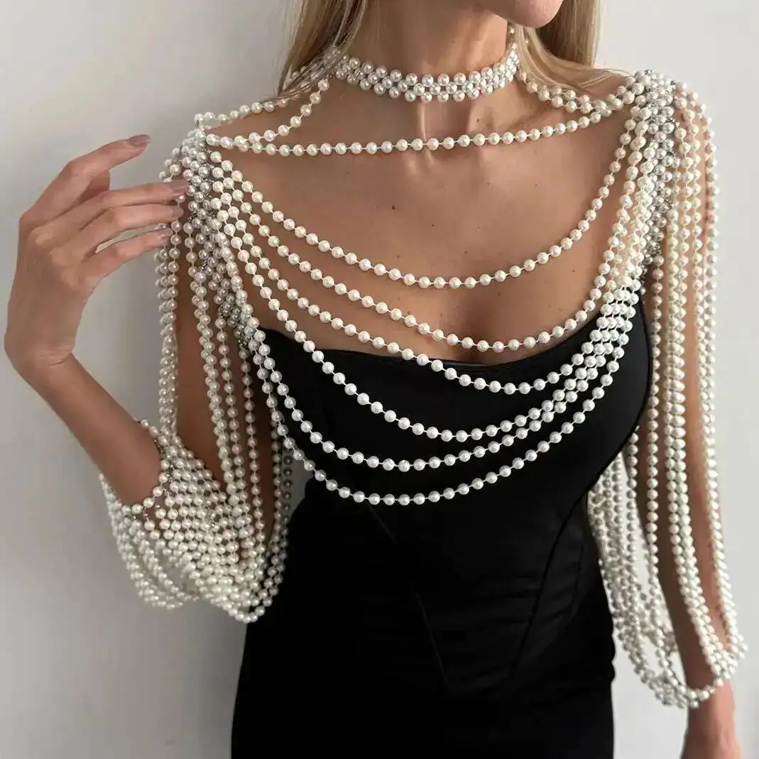 Lacteo Elegant Imitation Pearl Shoulder Chain Necklace for Women Sexy Shawl Banquet Jewelry Wed Bridal Neck Accessories Gift New