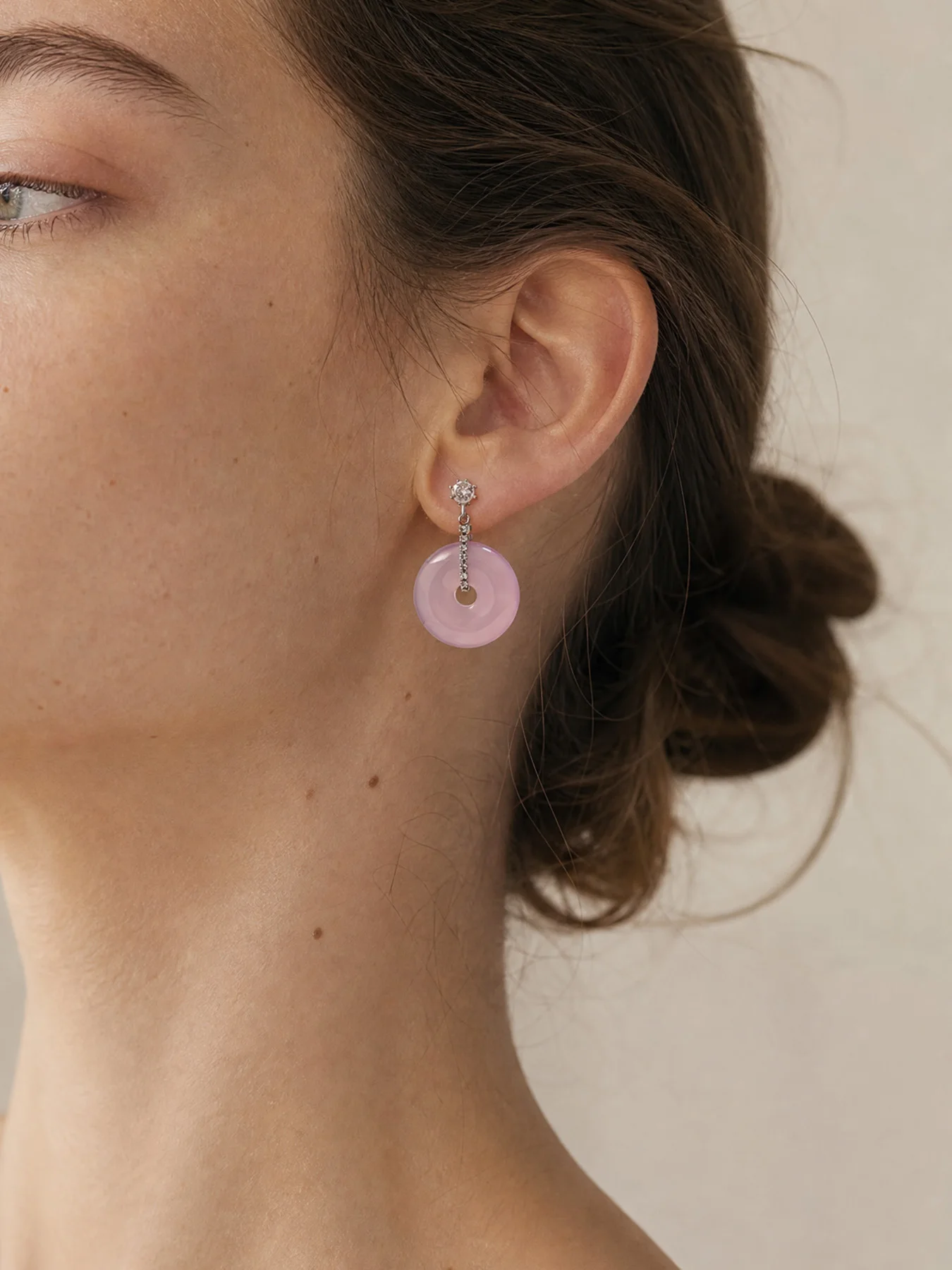 Lavender Donut Shape Dangle Earrings, Purple Chalcedony Circle Drop Earrings, Crystal Chain Decor Women Elegant Daily Party Jewe