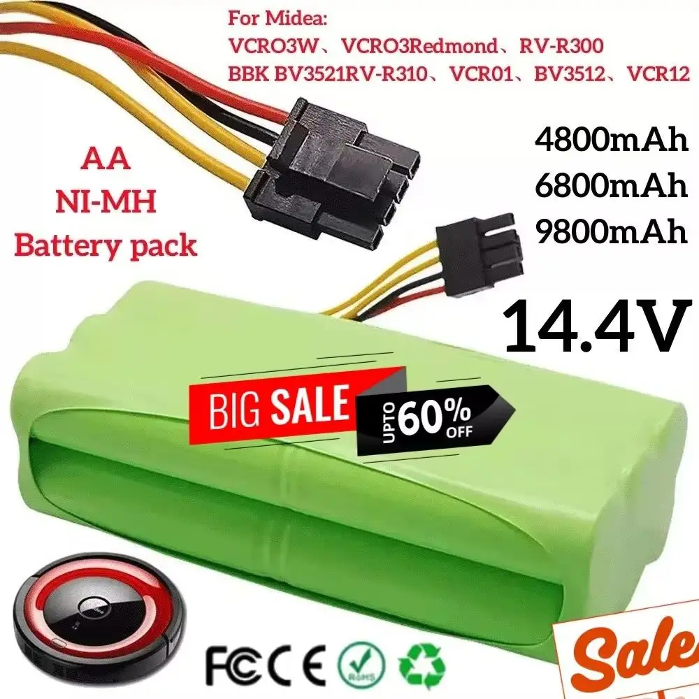 14.4V NI-MH AA Vacuum cleaner robot battery VCR03W suitable for Midea VCR03W VCR03 battery Redmond RV-R300 BBK BV3521 RV-R310