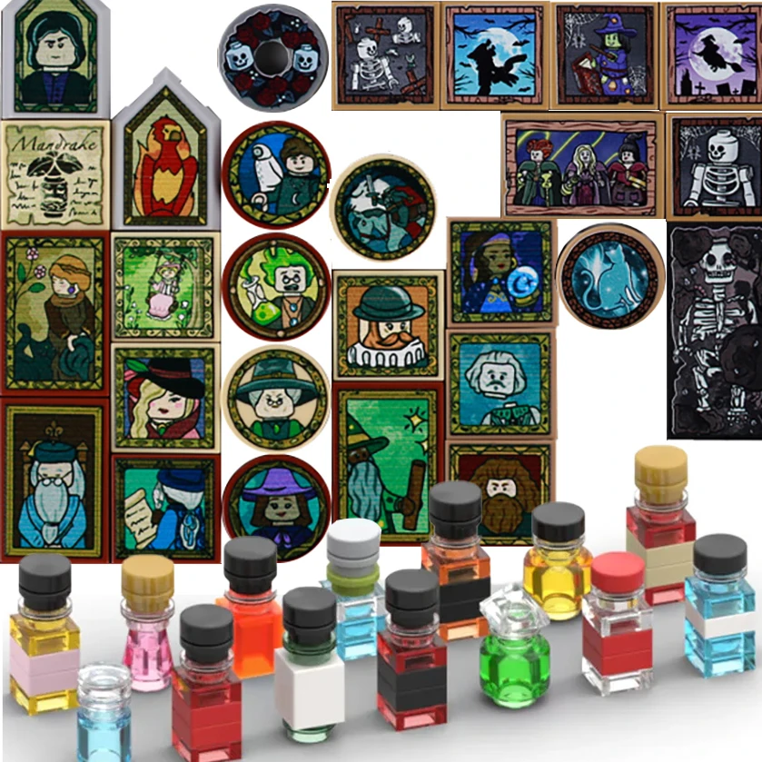MOC-azulejos impresos de mago personalizados, bloques de construcción, mago, bruja Medieval, retrato, pintura, poción mágica, botella, ladrillos, Juguetes