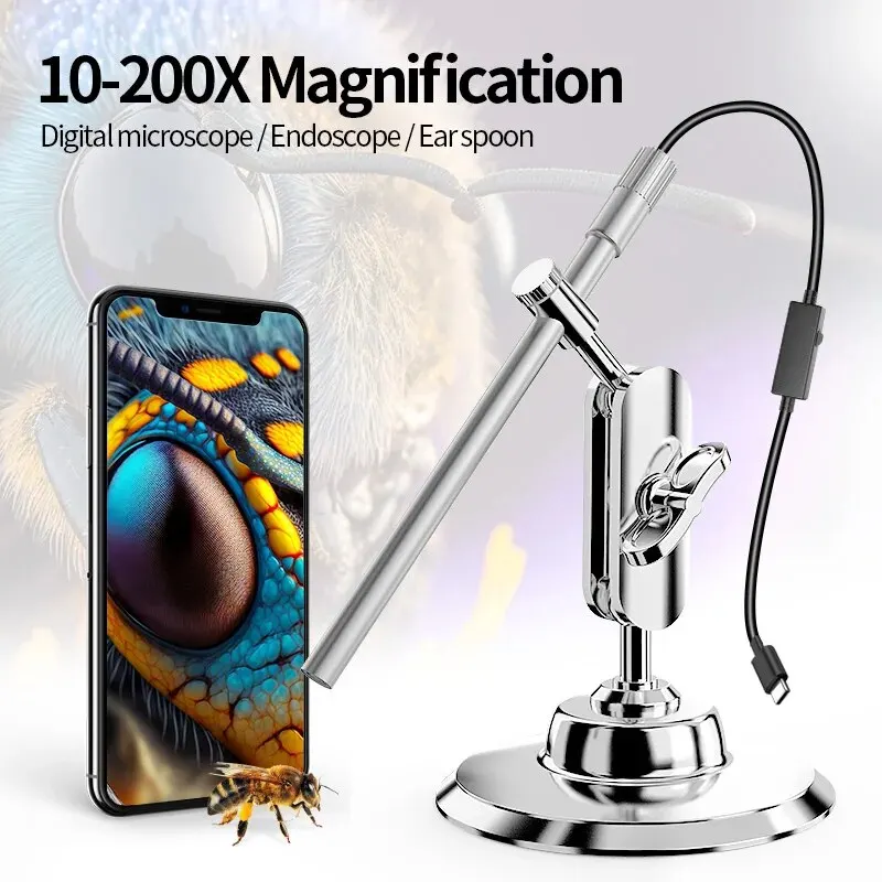 USB Digital Microscope 10X to 200X Camera with Stand Portable Handheld Electronic Coin Magnifier Soldering Camera Ear Otoscope