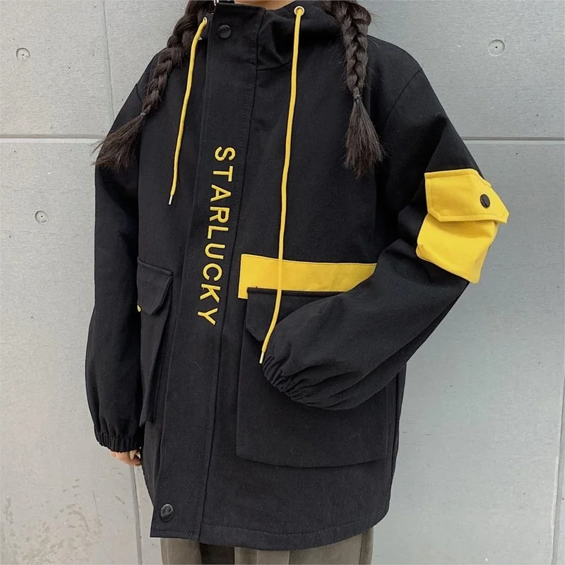 

Letter Print Hit Color Boyfriend Style Jackets 2021 Harajuku Winter Korean Cargo Jacket Women Men Vintage Casual Hooded Coats