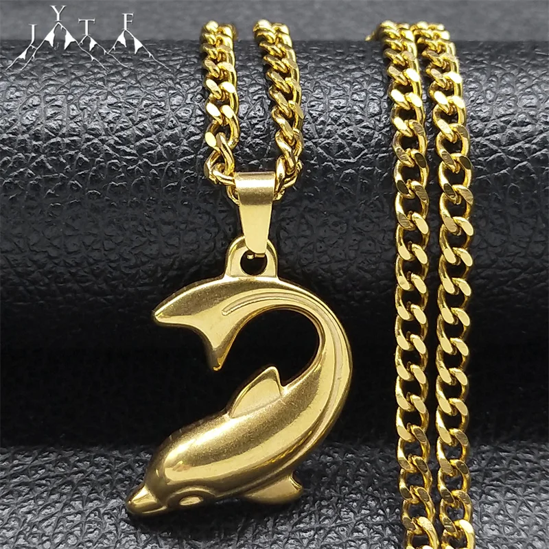 Fashion Dolphin Pendant Necklace for Women Men Gold Plated Animal Necklaces Jewelry Party Birthday Gift collares mujer NHH13S05