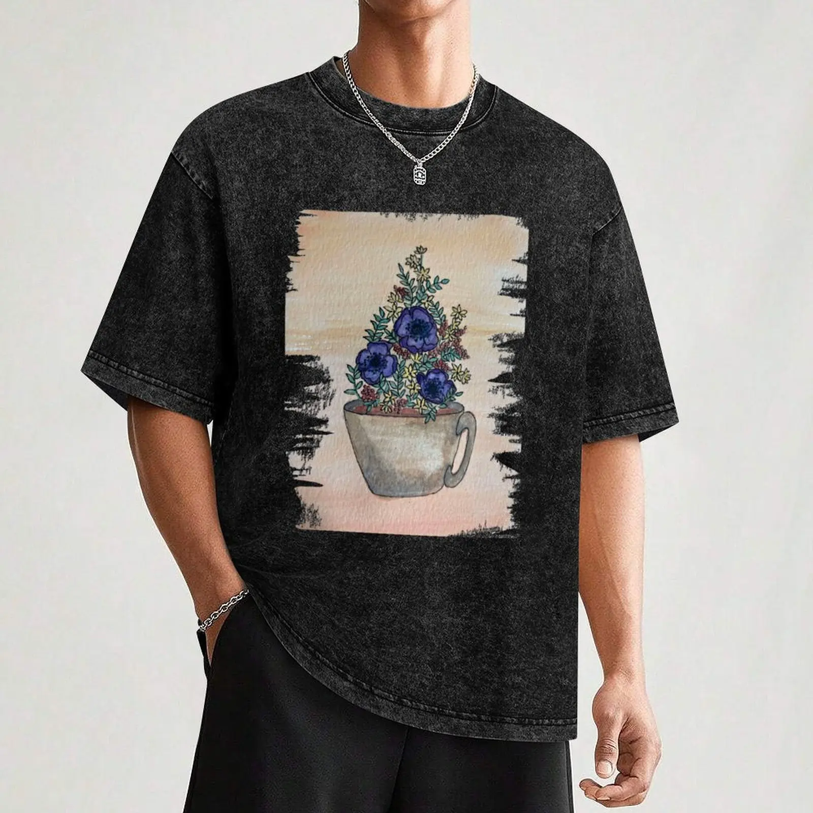 Coffee Mug Florals T-Shirt Casual Loose Fit Short Sleeve T-Shirt